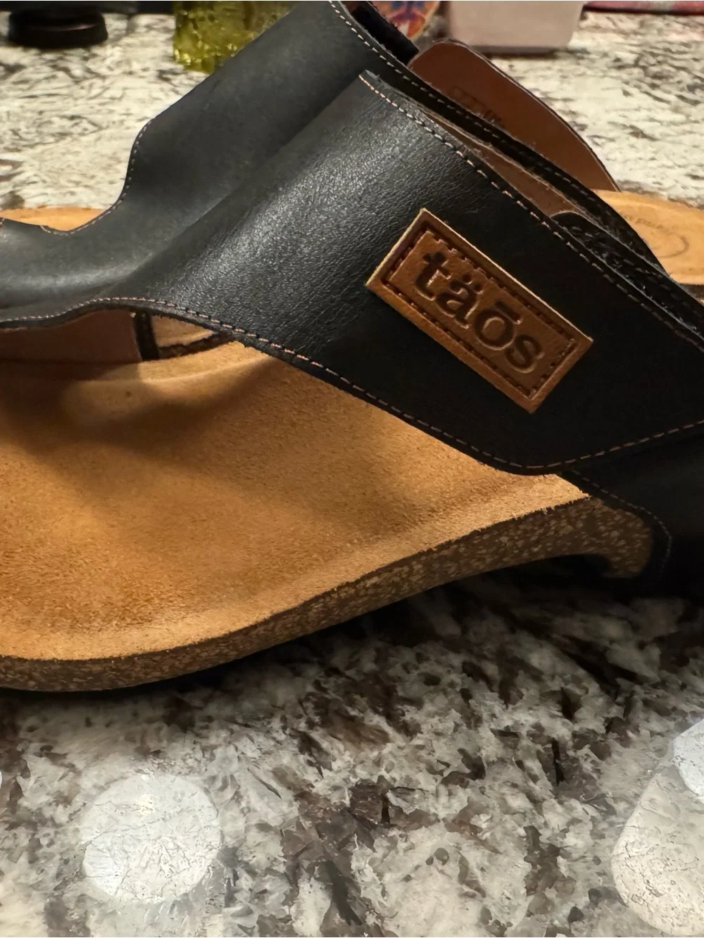 Taos Footwear Black Leather Toe-Loop Slide Sandals
